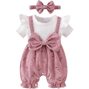 DUBASAM Infant Baby Girl Summer Jumpuit Short Sleeve Knit Floral Romper Fake Two-Piece Outfit with Headband in Kuwait