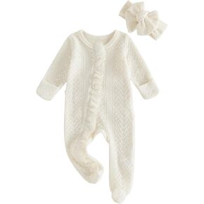 Newborn Baby Girl Coming Home Outfit Ruffle Solid Footies Long Sleeve Knit Romper Zipper Jumpsuit Infant Fall Clothes in Saudi Arabia