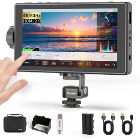 Desview A5 5.5" Touch Screen Camera Field Monitor, 4K 60Hz HDMI 2.0 in/Out with 3D LUT Waveform Peaking, Complete Kit with NP-F550 Battery & Sunshade for DSLR in Kuwait