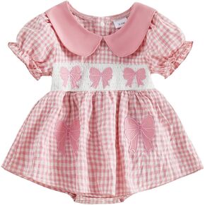 Baby Girl Summer Clothes Plaid Bowknot Smocked Romper Dress Infant Bow Bodysuit Dresses Toddler Spring Cute Outfit in Kuwait