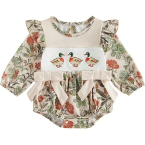 Baby Girl Outfit Fall Winter Duck Hunting Flower Camo Smocked Bubble Romper | Long Sleeve, Camo/retro flower print, Mallard duck embroidery, Cute bow, Hunting themed Clothes for girls 0-18 months in Kuwait