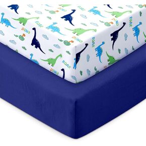 Baby Crib Sheets for Girls Boys,2 Pack Fitted Crib Sheets for Standard Mattress Soft & Breathable Nursery Bedding for Girls Cute Prints Toddler Bed Sheets Decor 52x28 inch Blue Dinosaur in Kuwait