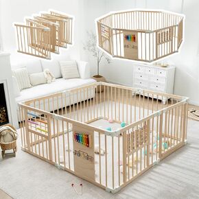 GGF Wooden Playpen with 3 Learning Toys, Foldable 59x59, Babies & Toddlers | Learning toys: xylophone, abacus & blocks. NZ pine, non-toxic. Easy assembly. Foldable and portable. Double-lock. 59x59x24". in Kuwait