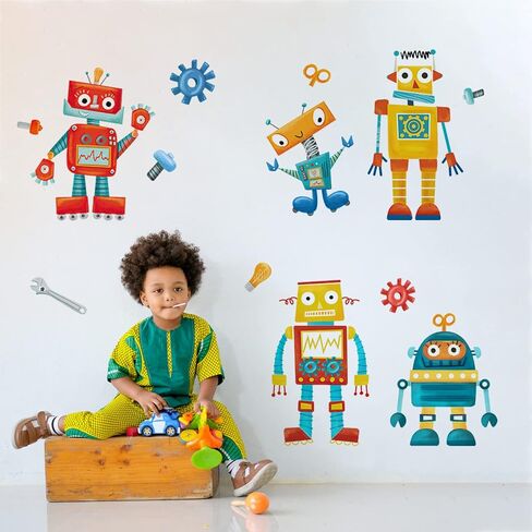 Yovkky Robots Educational Wall Decals Stickers, Bulb Gear Baby Boys Room | Nursery Playroom Decor, Clockwork Wrench Toddler Kids Bedroom Home Classroom Decorations Art in Kuwait