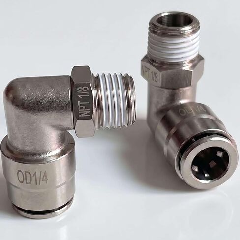 1/4" OD x 1/8" NPT Elbow Push to Connect PL-1/4-N1 5-Pack | Heavy-duty nickel-plated brass 90° swivel elbow offers a leak-free, tool-free push air tube fittings built to last. in Kuwait