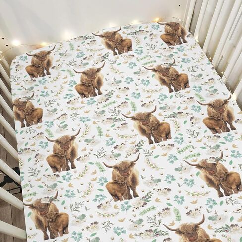 Vintage Highland Cows Daisy Baby Crib Sheets for Boy Girl 52x28Inch Retro Highland Yak Boho Floral Soft Stretchy Fitted Crib Mattress Cover Farm Baby Sheet for Standard Crib and Toddler Bed Mattress in Kuwait