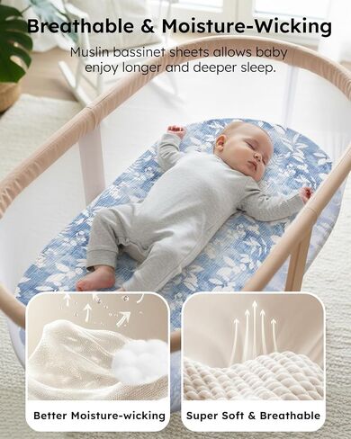 Yoofoss Muslin Baby Bassinet Sheets Boys Girls, Organic Fitted Bassinet Mattress Sheets Compatible with Halo Bassinest Swivel Sleeper,Baby Delight, Angelbliss, Soft, Breathable, Durable in Kuwait