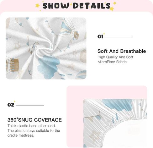 CEBUGI Stretchy Crib Sheet for Baby Boy Girl,Hot Air Balloon Portable Mini Fitted Pack N Play Playard Sheet for Neutral,Ultra Soft Material,Full Standard Toddler Mattresses,S in Kuwait
