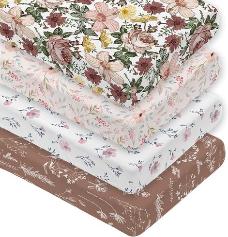 4 Pack Floral Crib Sheet Set for Baby Girl, Soft Breathable Fitted Pink Crib Sheet 28 x 52 in, Vintage Wildflower Nursery Decor for Standard Crib and Toddler Bed Mattresses in Kuwait