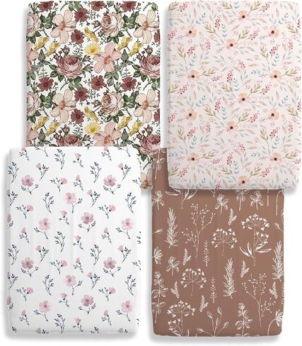 4 Pack Floral Crib Sheet Set for Baby Girl, Soft Breathable Fitted Pink Crib Sheet 28 x 52 in, Vintage Wildflower Nursery Decor for Standard Crib and Toddler Bed Mattresses in Kuwait