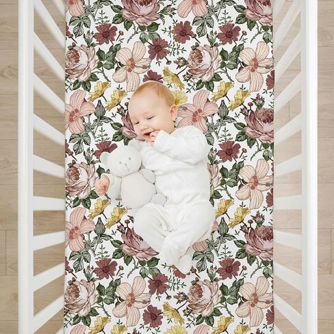 4 Pack Floral Crib Sheet Set for Baby Girl, Soft Breathable Fitted Pink Crib Sheet 28 x 52 in, Vintage Wildflower Nursery Decor for Standard Crib and Toddler Bed Mattresses in Kuwait