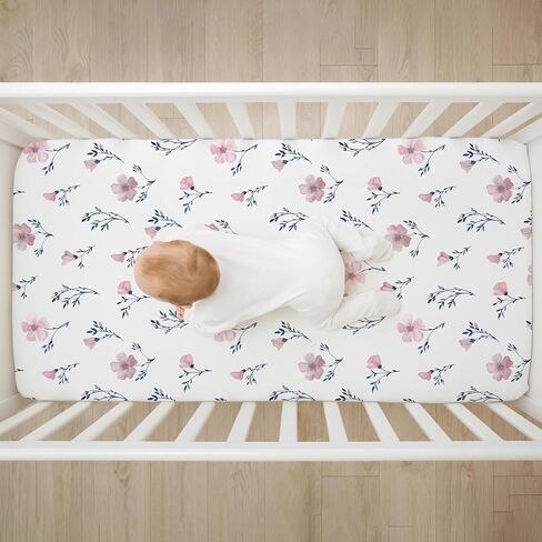 4 Pack Floral Crib Sheet Set for Baby Girl, Soft Breathable Fitted Pink Crib Sheet 28 x 52 in, Vintage Wildflower Nursery Decor for Standard Crib and Toddler Bed Mattresses in Kuwait