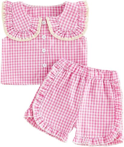 fhutpw Baby Toddler Girl Clothes Plaid Ruffle Collar Outfit 2Pc Summer Set | 6 Months - 4 Old Years, Sleeveless Tops, Little Girl Button Down Shirt, Summer Plaid, 2T, 3T, 4T, Shorts Sets in Kuwait