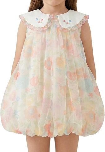 DAVE&BELLA Toddler Girl Tulle Dress Bubble Sleeveless Floral Print Sundress | Peter Pan Collar Princess Dress with Cotton Lining Summer Outfits for Birthday Party Wedding Beach in Kuwait