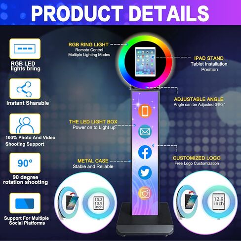 Portable Photo Booth for iPad 10.2" 10.9'' 11'' 12.9'' Shell Stand Selfie Station Customized Logo Photobooth Machine with Round Adjustable RGB LED Light Ring for Events Rental Wedding in Kuwait