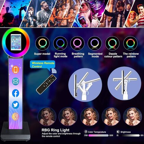 Portable Photo Booth for iPad 10.2" 10.9'' 11'' 12.9'' Shell Stand Selfie Station Customized Logo Photobooth Machine with Round Adjustable RGB LED Light Ring for Events Rental Wedding in Kuwait