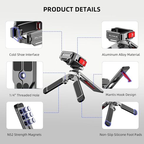 Pocket 4/3 Magnetic Mini Tripod Mount, Metal Cage Clamp Frame with Mantis Hook Stand, Cold Shoe＆ 1/4" Screw for DJI Osmo, 180° Adjustable Expansion Adapter Holder for Xtra Muse Accessories in Kuwait