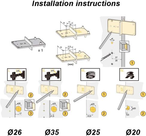 Hole Drilling Jig Template for Ø35mm and 26mm Hinge Cup Mounting Plates Drawers and Eccentric Connecting Fittings of Ø25mm and 20mm Hole Diameter Pack of 2 in Kuwait