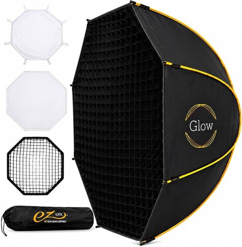 Glow EZ Lock 60" Octagon Softbox for Bowens-Mount Lights, Silver Interior, Dual Diffusers, Eggcrate Grid, Deflector Disc & Carry Bag, Compatible with Godox, NEEWER & Aputure, 1 Year Limited Warranty in Kuwait