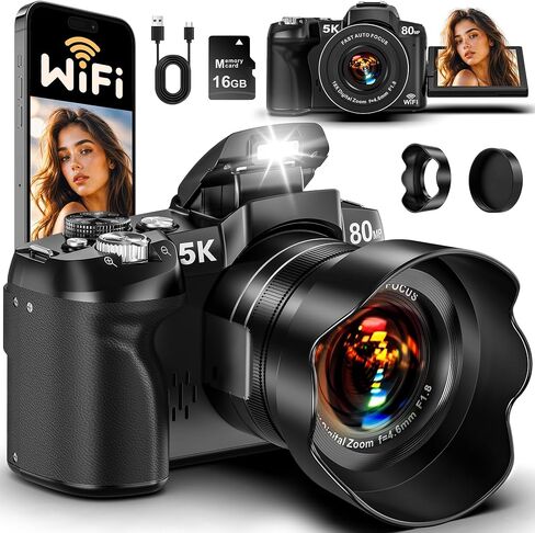 5K Digital Cameras for Photography - Fast Autofocus 80MP WiFi Vlogging Camera for YouTube with 3" 270° Flip Screen 18X Zoom - Travel Video Camera for Beginners Teens, Lens Hood, Memory Card in Kuwait