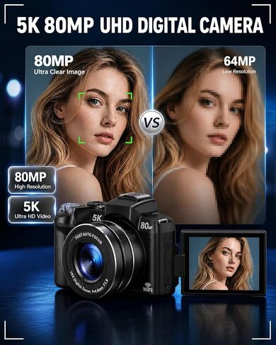 5K Digital Cameras for Photography - Fast Autofocus 80MP WiFi Vlogging Camera for YouTube with 3" 270° Flip Screen 18X Zoom - Travel Video Camera for Beginners Teens, Lens Hood, Memory Card in Kuwait