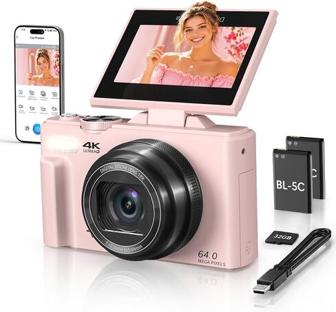 Digital Camera, 4K 64MP Cameras for Photography with WiFi | 180°Flip Screen, Autofoucs Vlogging Camera for YouTube with 32GB Micro SD, Compact Vlog Travel Camera Kit for Beginner,Pink in Kuwait