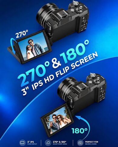 5K Digital Cameras for Photography - Fast Autofocus 80MP WiFi Vlogging Camera for YouTube with 3" 270° Flip Screen 18X Zoom - Travel Video Camera for Beginners Teens, Lens Hood, Memory Card in Kuwait