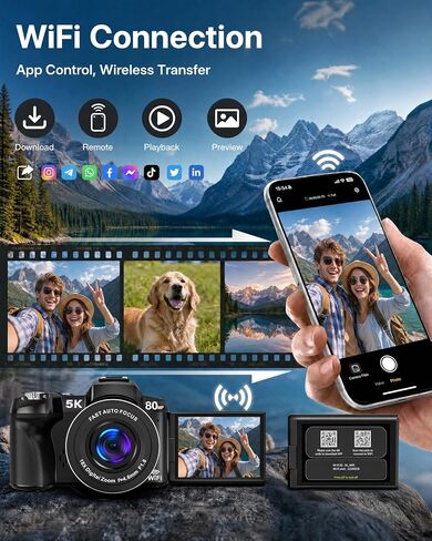5K Digital Cameras for Photography - Fast Autofocus 80MP WiFi Vlogging Camera for YouTube with 3" 270° Flip Screen 18X Zoom - Travel Video Camera for Beginners Teens, Lens Hood, Memory Card in Kuwait
