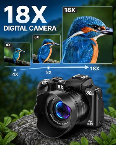 5K Digital Cameras for Photography - Fast Autofocus 80MP WiFi Vlogging Camera for YouTube with 3" 270° Flip Screen 18X Zoom - Travel Video Camera for Beginners Teens, Lens Hood, Memory Card in Kuwait
