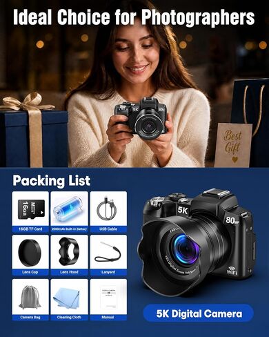 5K Digital Cameras for Photography - Fast Autofocus 80MP WiFi Vlogging Camera for YouTube with 3" 270° Flip Screen 18X Zoom - Travel Video Camera for Beginners Teens, Lens Hood, Memory Card in Kuwait