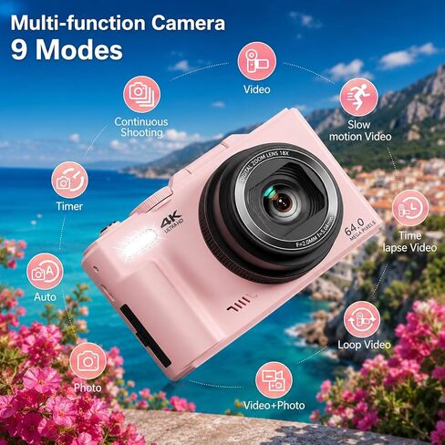 Digital Camera, 4K 64MP Cameras for Photography with WiFi | 180°Flip Screen, Autofoucs Vlogging Camera for YouTube with 32GB Micro SD, Compact Vlog Travel Camera Kit for Beginner,Pink in Kuwait