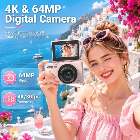 Digital Camera, 4K 64MP Cameras for Photography with WiFi | 180°Flip Screen, Autofoucs Vlogging Camera for YouTube with 32GB Micro SD, Compact Vlog Travel Camera Kit for Beginner,Pink in Kuwait