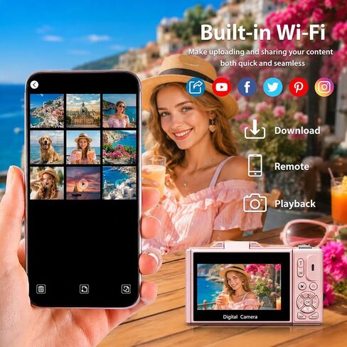Digital Camera, 4K 64MP Cameras for Photography with WiFi | 180°Flip Screen, Autofoucs Vlogging Camera for YouTube with 32GB Micro SD, Compact Vlog Travel Camera Kit for Beginner,Pink in Kuwait