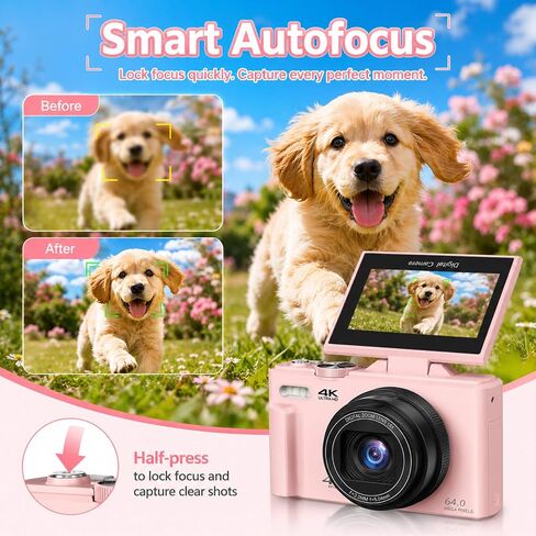 Digital Camera, 4K 64MP Cameras for Photography with WiFi | 180°Flip Screen, Autofoucs Vlogging Camera for YouTube with 32GB Micro SD, Compact Vlog Travel Camera Kit for Beginner,Pink in Kuwait