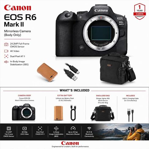 Canon EOS R6 Mark II Mirrorless Camera Body Bundle, Black | 24.2MP Full-Frame CMOS Sensor, 4K Video, Dual Pixel AF II, IBIS, Black, + Extra Battery, Bag, Canon 1-Year Warranty in Kuwait