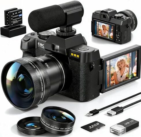 8K 64MP Digital Cameras for Photography,16X Zoom and Microphone，White | 180°Flip Screen，2 Batteries, 64GB TF Card,WiFi, Wide & Macro Lens Kit,vlogging and Travel in Kuwait