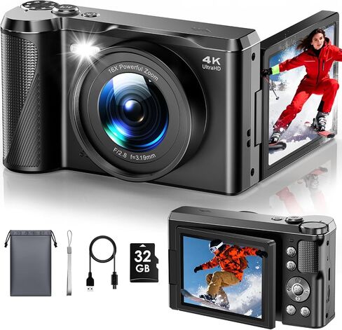 Focusinc 4K Digital Camera for Photography, Autofocus 56MP Vlogging Camera with 32GB SD Card, 3" 180° Flip Screen Compact Travel Camera for Teens Begnners with 16X Zoom,Black in Kuwait