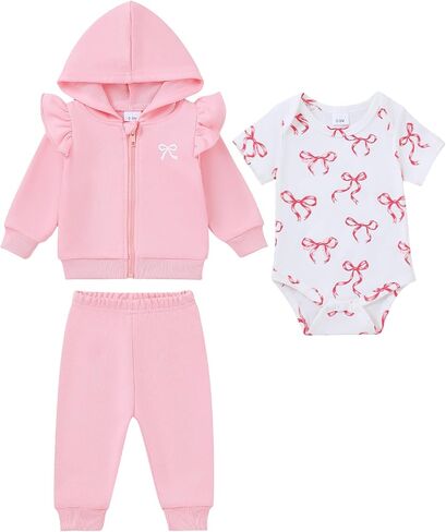 SUNNY PIGGY Baby Girl Clothes Newborn Outfits 3Pcs Ruffle Hooded Zip-Up Jacket Cute Bodysuit Infant Girls Clothing Set in Kuwait