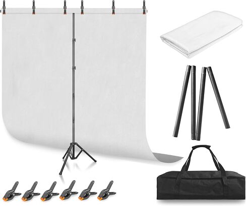 Jiang&Rong White Screen Backdrop Stand Kit 5x10FT with Reverse Folding Base | Portable T-Shape Background Stand for Photography, Streaming, Video Recording, Includes Carry Bag & 6 Clamps in Kuwait