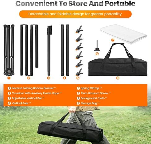 Jiang&Rong White Screen Backdrop Stand Kit 5x10FT with Reverse Folding Base | Portable T-Shape Background Stand for Photography, Streaming, Video Recording, Includes Carry Bag & 6 Clamps in Kuwait