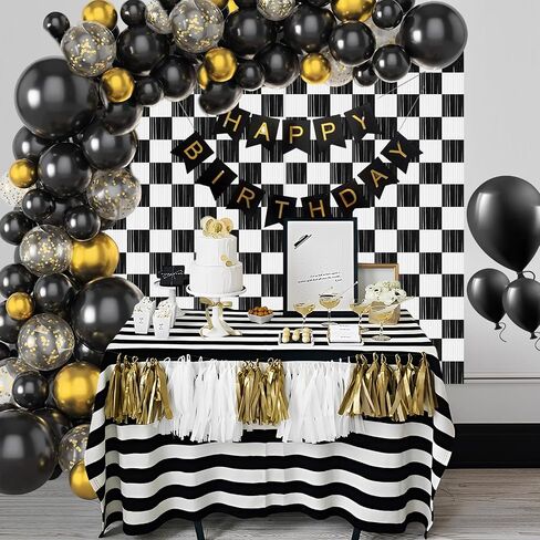PintreeLand 2PCS Race Car Foil Fringe Curtains 3.28x6.56 Ft, Black and White Checkered Party Backdrop Streamers Decorations, Photo Booth Props in Kuwait