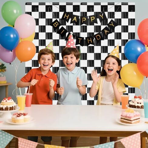 PintreeLand 2PCS Race Car Foil Fringe Curtains 3.28x6.56 Ft, Black and White Checkered Party Backdrop Streamers Decorations, Photo Booth Props in Kuwait