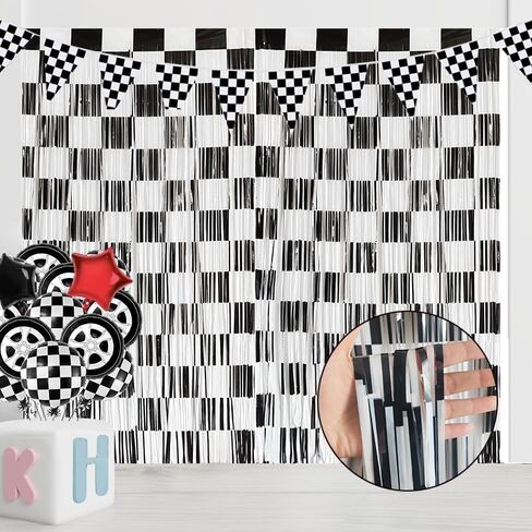 PintreeLand 2PCS Race Car Foil Fringe Curtains 3.28x6.56 Ft, Black and White Checkered Party Backdrop Streamers Decorations, Photo Booth Props in Kuwait