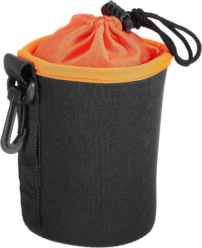 Camera Lens Bag, 3.5" IDx5.5" H Drawstring Lens Pouch with Thick Protective Neoprene, Lens Case for DSLR Camera Lens, Water Coffee Cups, Black Orange in Kuwait