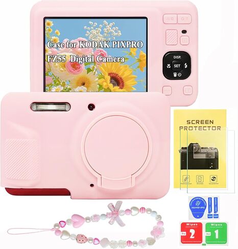 Case for Kodak PIXPRO FZ55 with 2 Screen Protector and 1 Charm Wrist Strap, Soft Silicone Digital Camera Protector Case with Lens Cover for Kodak PIXPRO FZ55 Accessories (Pink) in Saudi Arabia