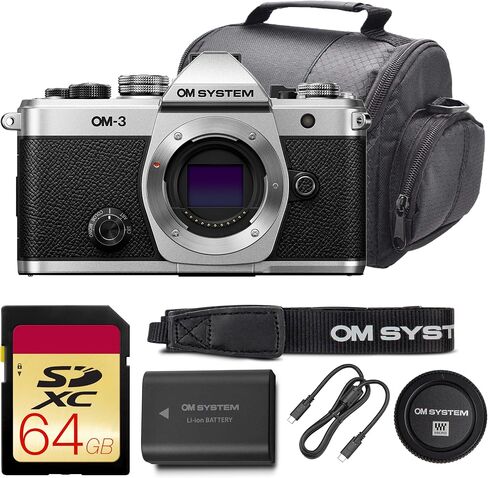OM SYSTEM OM-3 Mirrorless Camera with 12-45mm f/4 PRO Lens Bundle | 20MP Stacked BSI Sensor, 5-Axis IBIS, High-Speed Burst & 4K Video | Great for Travel & Outdoors (V210051SW000) + 64GB Card + Bag in Kuwait