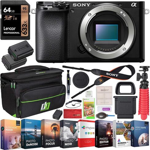 Sony a6100 Mirrorless Camera | Official Sony USA Partner Model | 4K APS-C Body Only Interchangeable Lens Camera ILCE-6100B Bundle with 2X Battery + Deco Gear Bag Case + 64GB Memory Card + Software Kit in Kuwait