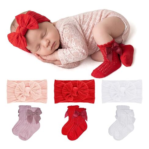 Fengek 6 Pcs Baby Girl Headbands & Calf Socks with Bows, Stretchy Breathable Newborn Accessories for 6-12M Girls in Kuwait