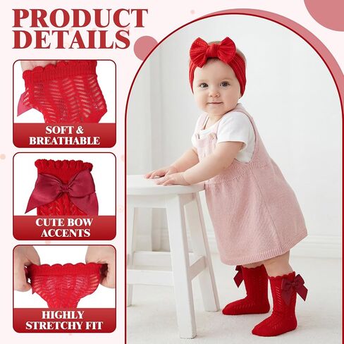Fengek 6 Pcs Baby Girl Headbands & Calf Socks with Bows, Stretchy Breathable Newborn Accessories for 6-12M Girls in Kuwait