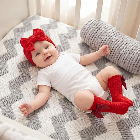 Fengek 6 Pcs Baby Girl Headbands & Calf Socks with Bows, Stretchy Breathable Newborn Accessories for 6-12M Girls in Kuwait